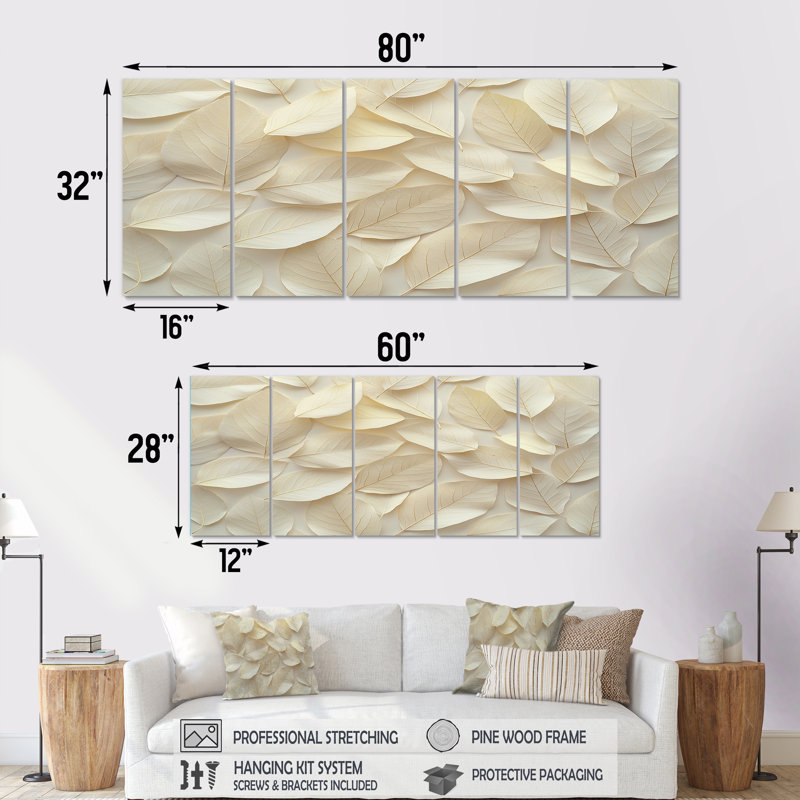 Feuilles ivoire feuillage Collae IV - feuilles, art mural - décoration murale traditionnelle, H 32 po x l 80 po, 5