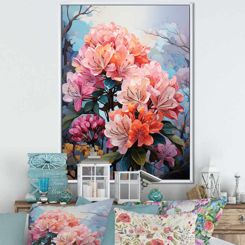 Mystical Rhododendron Symphony Whispers sur toile, Cadre flottant blanc, H 32 po x l 16 po x P 1 po