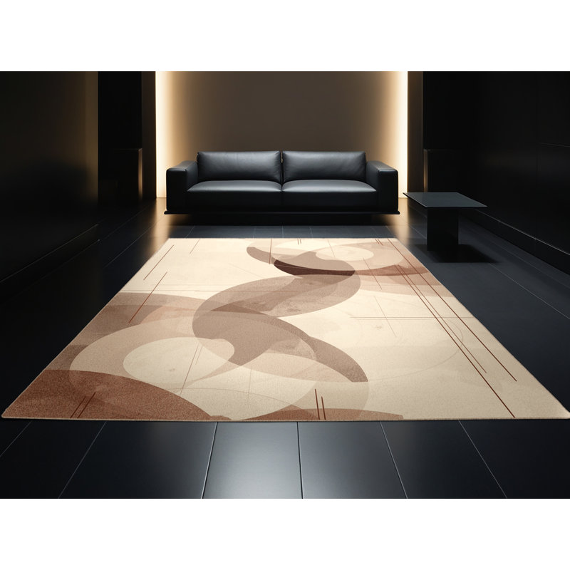 Tapis beige lavable à la machine à motif géométrique minimaliste Lotus - beige, Rond 5 pi