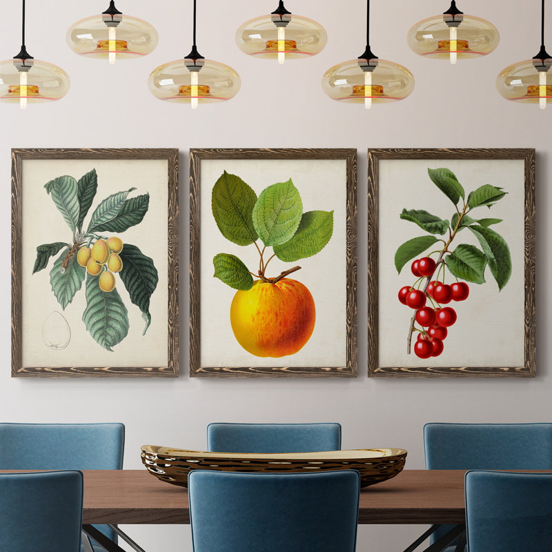 Feuillage antique et fruit VI - ensemble de 3 peintures sur toile encadrées, H 43,5 po x l 31,5 po x P 1 po, Noyer