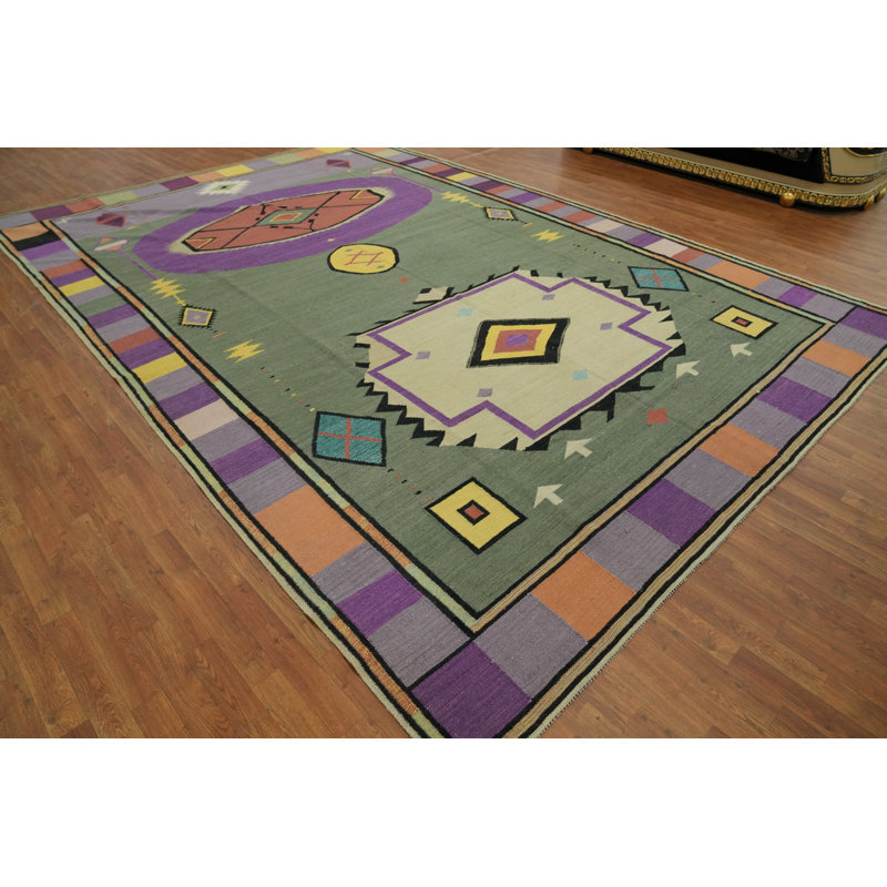 Tapis vert kilim en laine vert 10 x 15