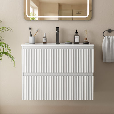 Wall-Mounted Single Bathroom Vanity with Ceramic Sink and 2 Drawers