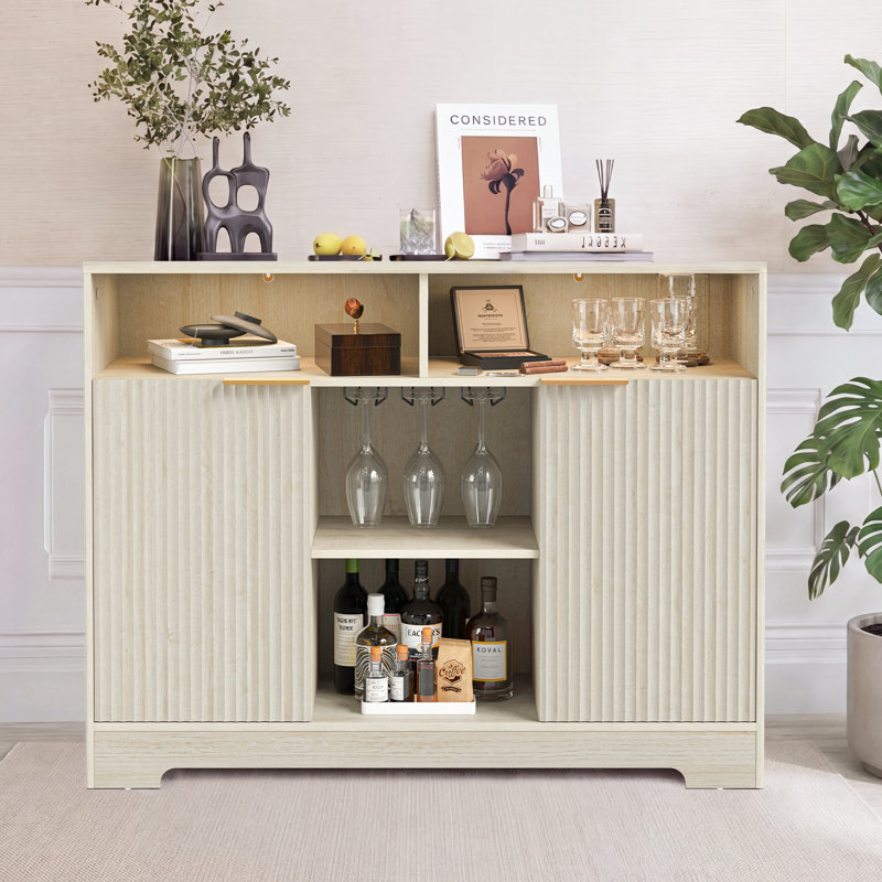 47.2'' W Modern 2-Door Fluted Sideboard With Adjustable Shelves & LED Light, White Oak