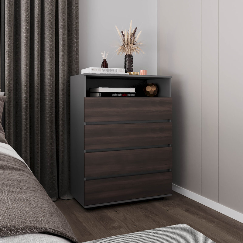 Commode, 4 tiroirs, 1 tablette, gris mat / chêne foncé