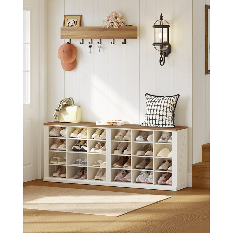 Farmhouse Shoe Storage Bench, Entryway Shoe Cubby Bench, Compartments Widened Wooden Shoes Cubbies, Shoes Rack Benchs for Cloakroom, Living Room, Antique White