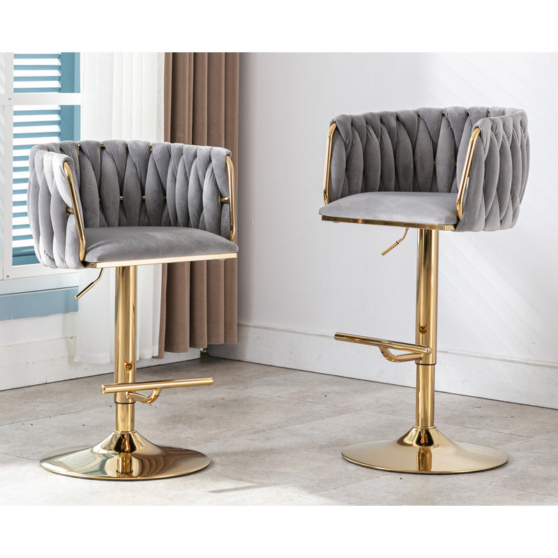 Swivel Adjustable Height Bar Stool Modern Velvet Barstool with Barrel Back Kitchen Island Counter Bar Chair with Golden Base