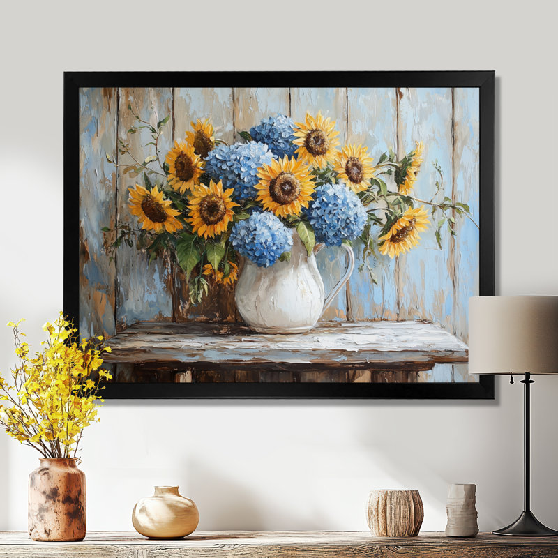 «Dubon Hydrangeas And Sunflowers Farmhouse I - Hydrangea», art mural, H 30 po x l 40 po, Noir, noir, noir, noir