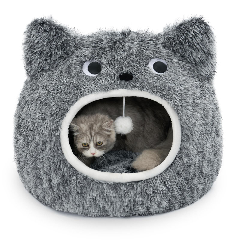 Gray Plush Cat Cave Bed with Soft Cushion