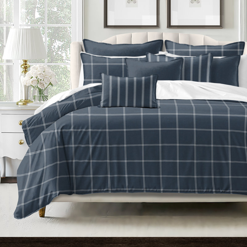 Shay Window Pane Dark Denim Cotton Duvet Cover Set  8 Piece, Super King Duvet Cover + 7 Additional Pieces