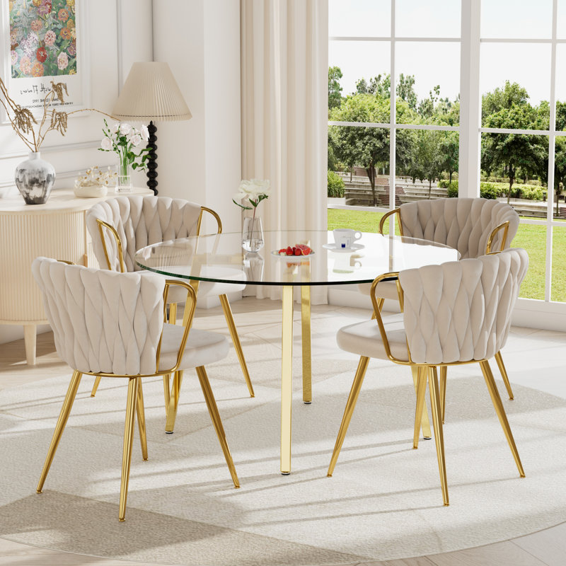 5 Piece Gold Glass Dining Table Set, 29.5"H x 42"W x 42"D, Beige