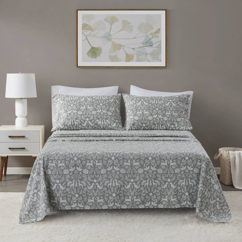 Ensemble de draps en flanelle de coton 4 pièces, Ensemble de draps pour grand lit avec 2 taies d'or