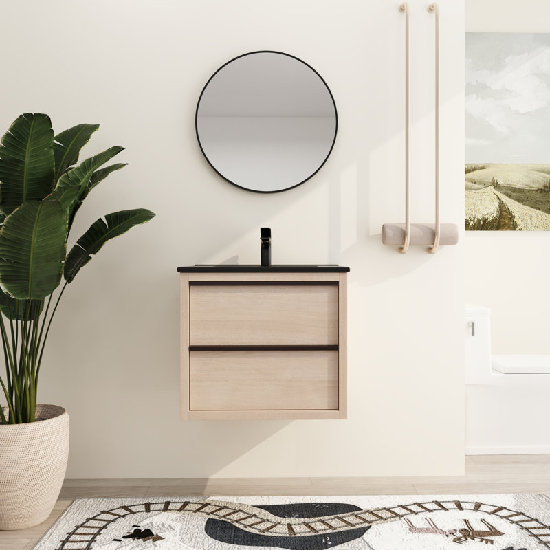 Meuble-lavabo mural simple 24 po avec 2 tiroirs et plateau de lavabo en céramique Loxby, Noir, Noir