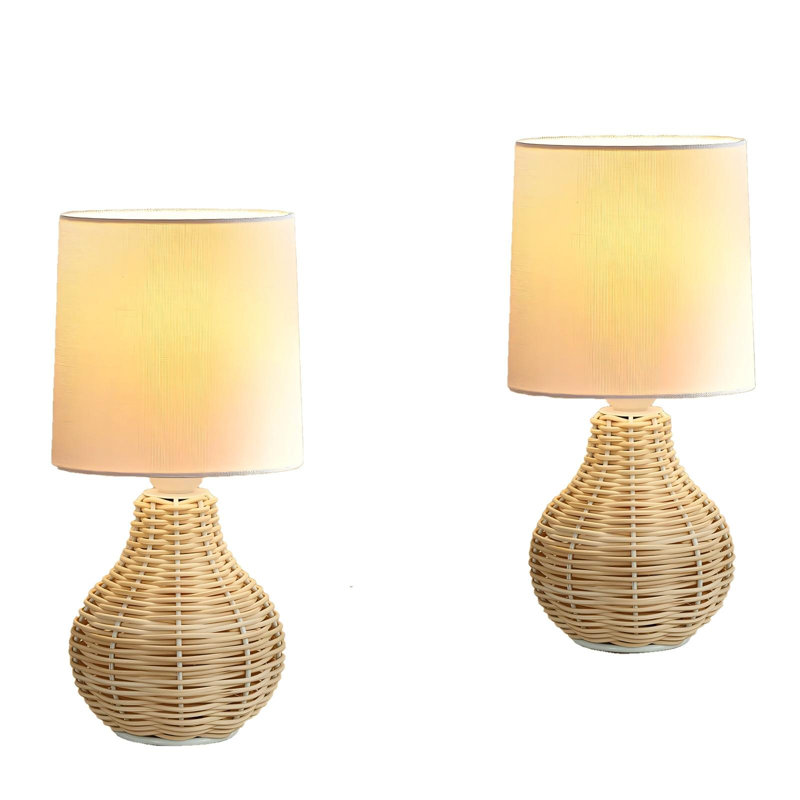 Petite lampe de table en rotin, lampes bohémiennes, petites lampes de table décoratives rustiques en osier (crème / ensemble de 2)