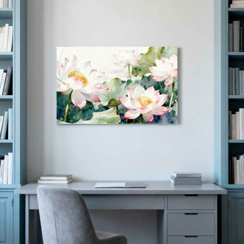 Ensemble de 1 tableau mural sur toile tendue avec des fleurs de lotus à l'aquarelle, H 20 po x l 30 po