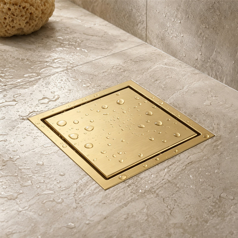 6" Square Shower Drain, Brushed Gold