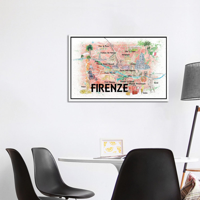 Florence Italy Illustrated Map With Roads Landmarks And Highlights by Markus & Martina Bleichner - Print on Canvas