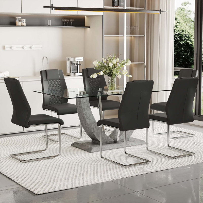 Baileyville 8 - Person Glass Top Pedestal Dining Set, Black/Silver, 7, Gray