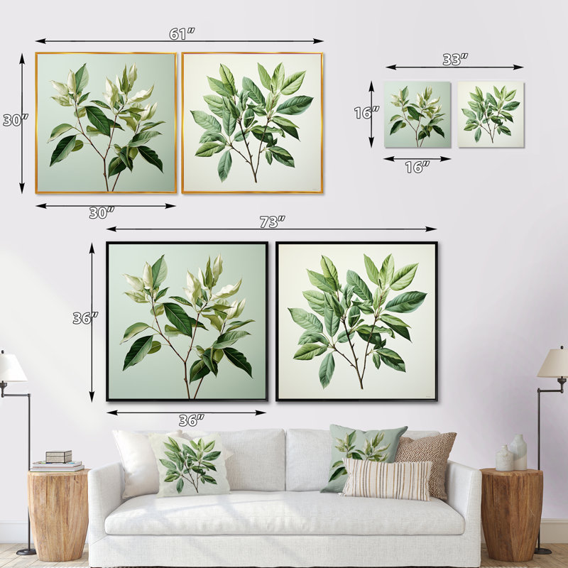 Menthe fraîche, feuilles de sérénité - ensemble de 2 feuilles carrées, Cadre flottant noir, H 16 po x l 33 po