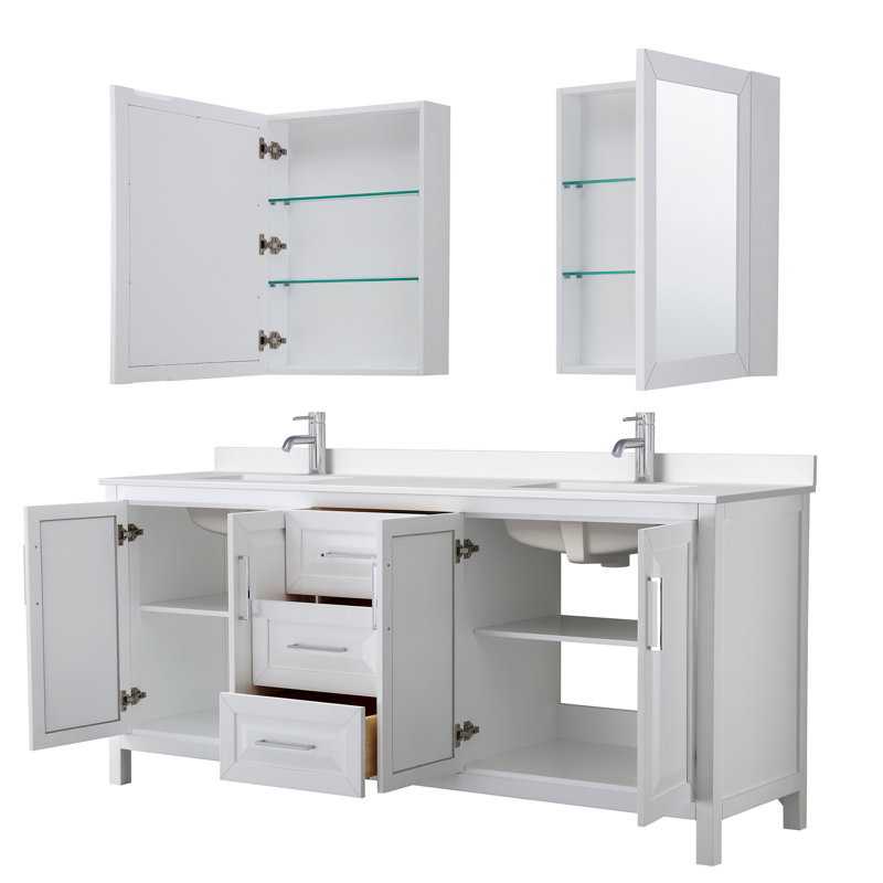 Ensemble de meuble-lavabo double 80 po avec dessus en quartz et miroir Daria, Quartz Giotto, Blanc, Chrome poli
