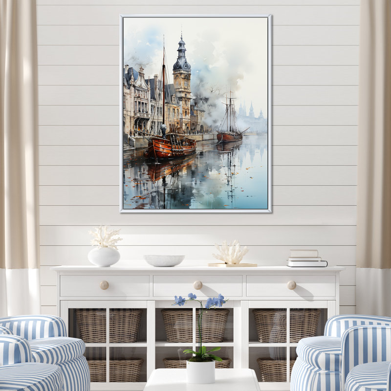 «Old Ship Boat At The Port I», reproduction sur toile, Cadre flottant blanc, H 32 po x l 24 po x P 1 po
