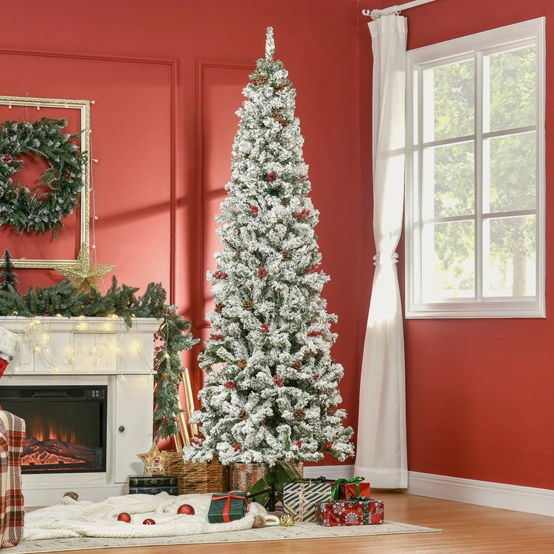 Arbre de Noël artificiel enneigé 7,5 pi avec 600 branches de pin réalistes, pommes de pin, baies rouges et ouverture automatique