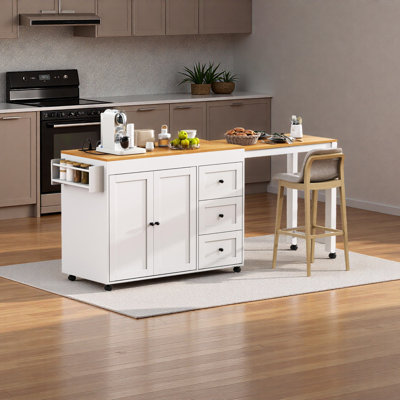 74.8" Kitchen Island With Extendable Dining Table, Kitchen Storage Cart With 3 Drawers, Power Outlet, Rolling Kitchen Island On Wheels With Spice Rack And 2 Door Cabinet, For Kitchen