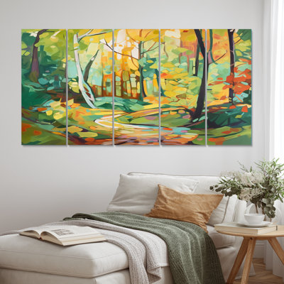 Lumière du soleil à travers les arbres dans la forêt d'automne - Forest Wall Art Living Room - 5 panneaux égaux