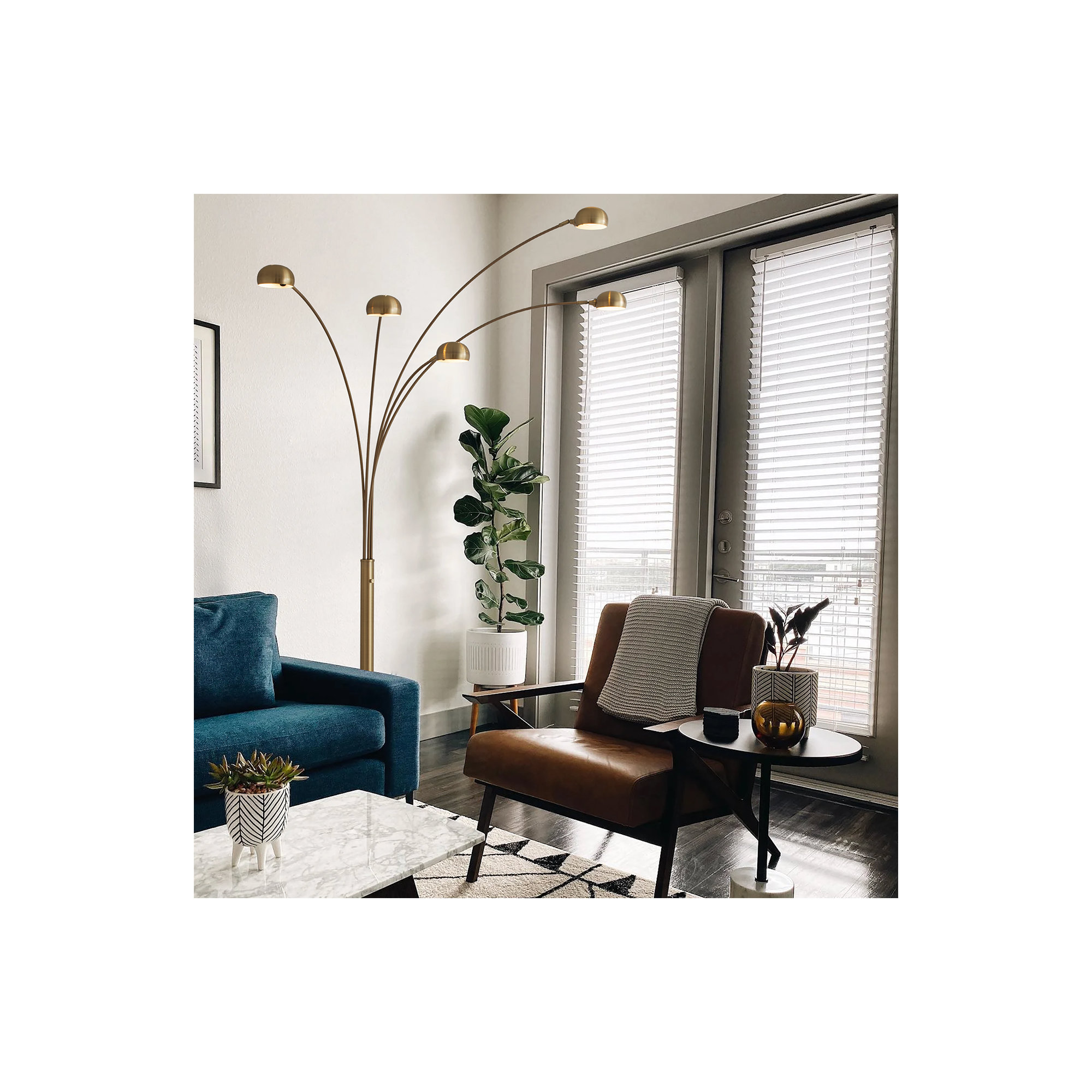 Mushroom 5 Light Arc Floor Lamp - Dimmer switch, Marble base, Weathered Brass