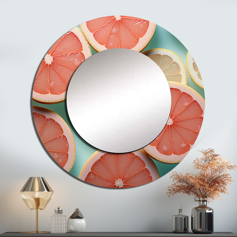 Ricquel pamplemousse dégradé - grand miroir mural fruits, miroir rond beige unique, reproduction d'art en métal