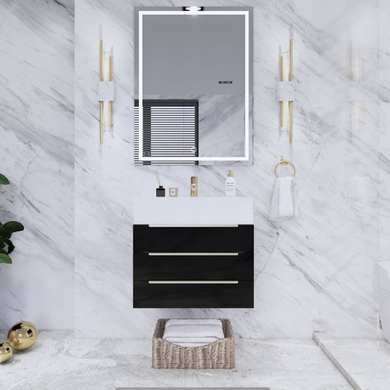 Ensemble de meuble-lavabo simple mural 24 po Glasgow, Noir ultrabrillant
