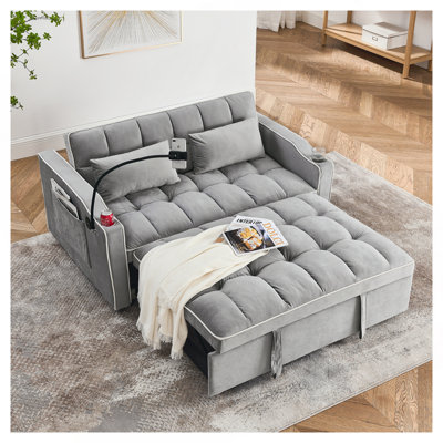 Velvet Pull-out Sleeper Sofa Bed, Adjustable Back and with USB Pport, swivel phone stand