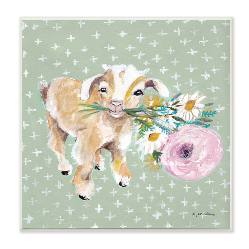 Jessica Mingo, chèvre attachante offrant des fleurs cloutées sur fond, Giclée encadrée noir minuit, H 12 po x l 12 po