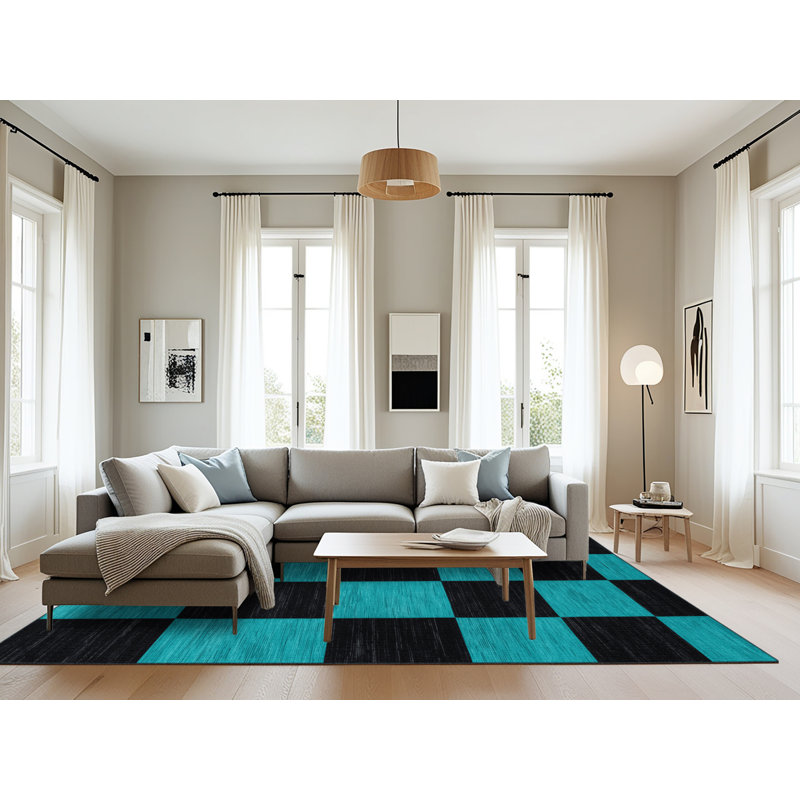 Tapis damier noir lavable à la machine, Rectangle 6 pi x 9 pi