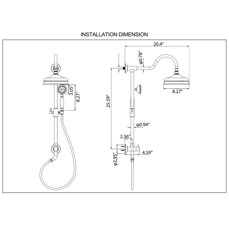 Pomme de douche à effet de pluie 8,27 po et douche à main combinée, avec douchette à 3 réglages, support de douchette à hauteur réglable