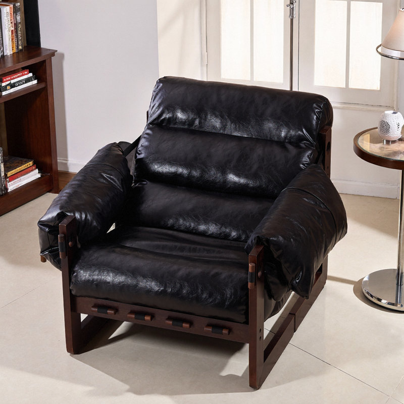 Vintage-Inspired Wooden Recliner Chair with Oil-Wax Leather, Antique Black