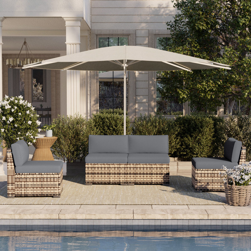 Outdoor Yellow PE Rattan Slant Back Wicker Sofa, 4 Armless Sofas Set, All-Weather Patio Couch For Porch, Backyard, Garden