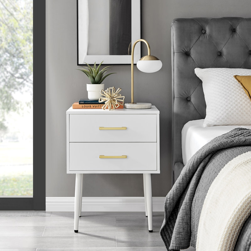 Wood Bedside Table 2 Drawers Metal Handles - Modern Design, White/Gold