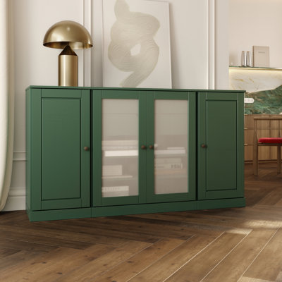 Buffet 100% bois massif 65 po avec portes en verre massif givré, 2 tiroirs et tablettes réglables