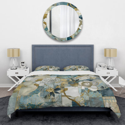 Golden Blue Marble Floral Design II - Floral Duvet Cover Set - Microfiber Polyester