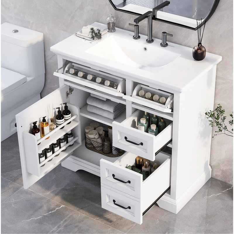 Meuble-lavabo moderne 36 po avec lavabo en céramique et rangement à fermeture en douceur, Blanc