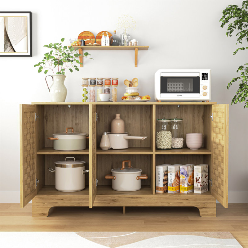 Armoire de rangement en bois durable à 3 portes avec tablette réglable, ensemble anti-basculement et conception tissée élégante pour une utilisation polyvalente dans plusieurs pièces