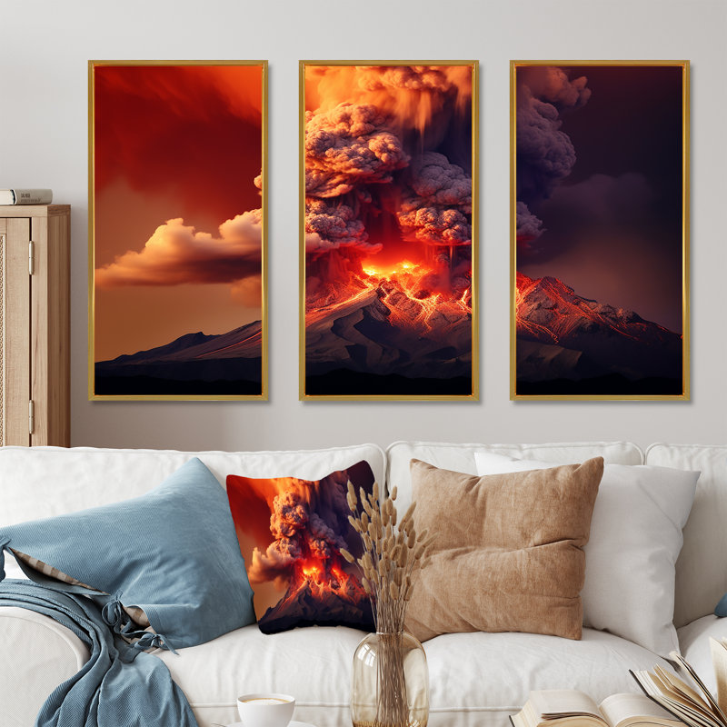 Ensemble de salon Volcano Volcanic Explosion VII - Volcano Wall Art, Cadre flottant doré, H 28 po x l 36 po x P 1 po