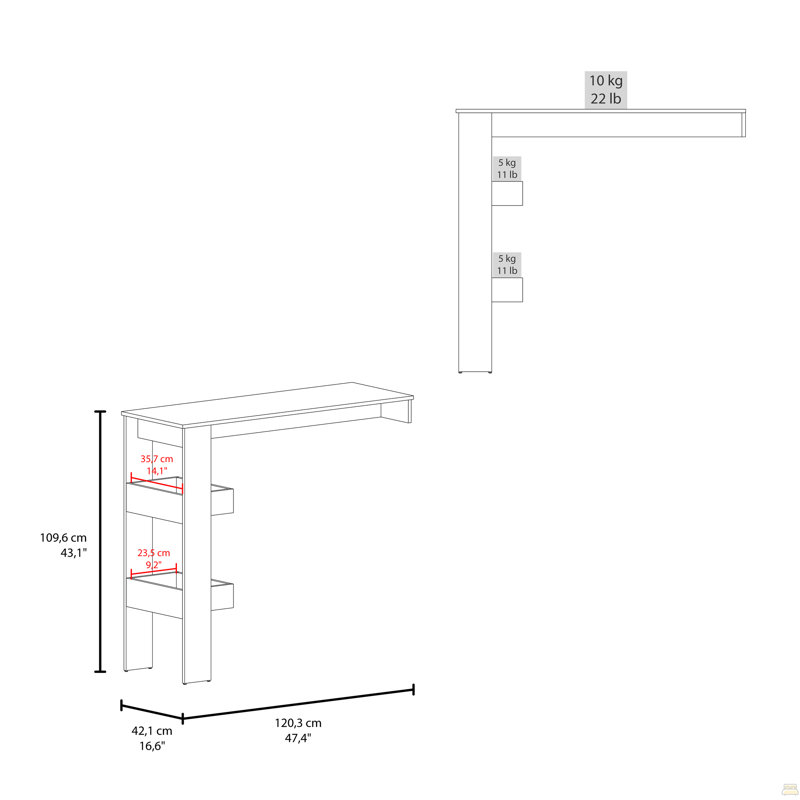 Table de bar Aurora avec tablette de rangement, design moderne pour bar à domicile, cuisine ou salle à manger, blanc