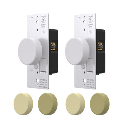 Rotary Dimmer Switch  With Night Indicator Light,  Push On/Off, Single Pole/ 3-Way, White/Ivory/Light Almond (2 Pack)