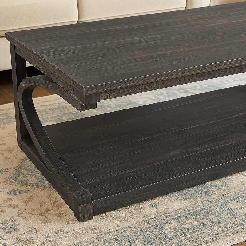 Modern Rectangular Coffee Table With Open Shelf, Waterproof Top & Curved Wood Legs, Black
