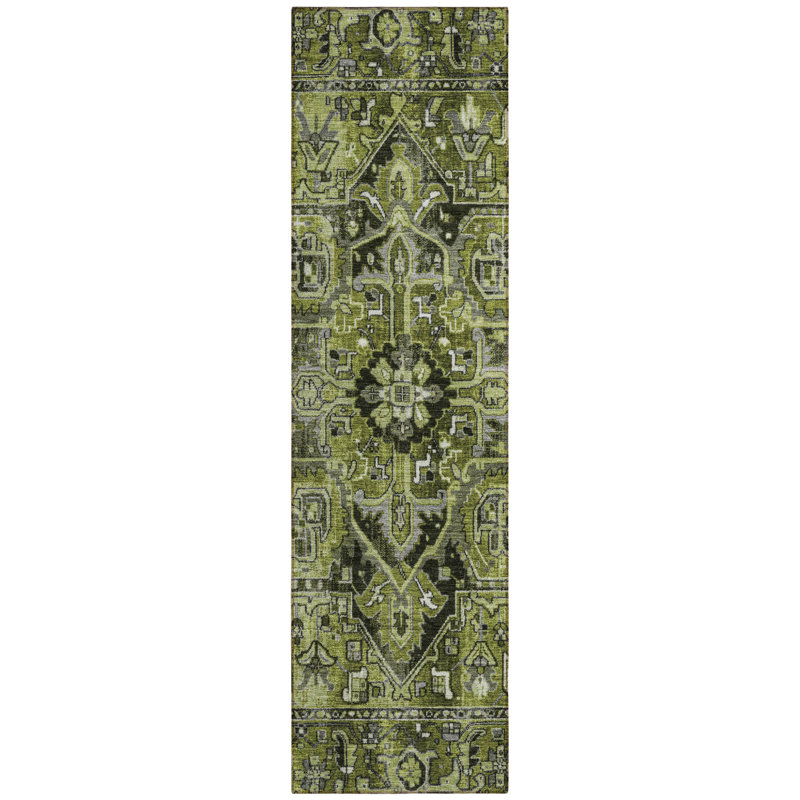 8' Runner Olive Green and Dark Green Oriental Washable Non Skid Indoor Outdoor Runner Rug