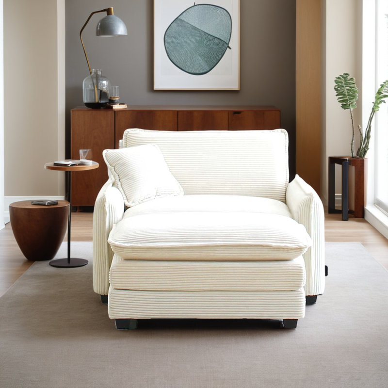 Canapé simple à siège profond avec repose-pieds et un coussin, Velours côtelé beige