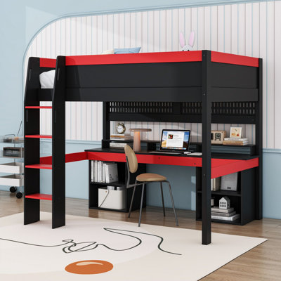 Lit mezzanine double en bois avec bureau intégré, tablettes de rangement, panneau perforé et lumières DEL multicolores