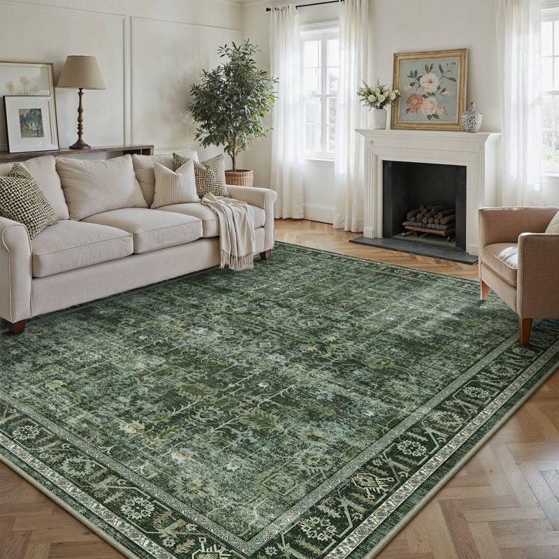 Tapis oriental vintage rétro vert, Rectangle 7 pi 9 po x 9 pi 9 po, Vert