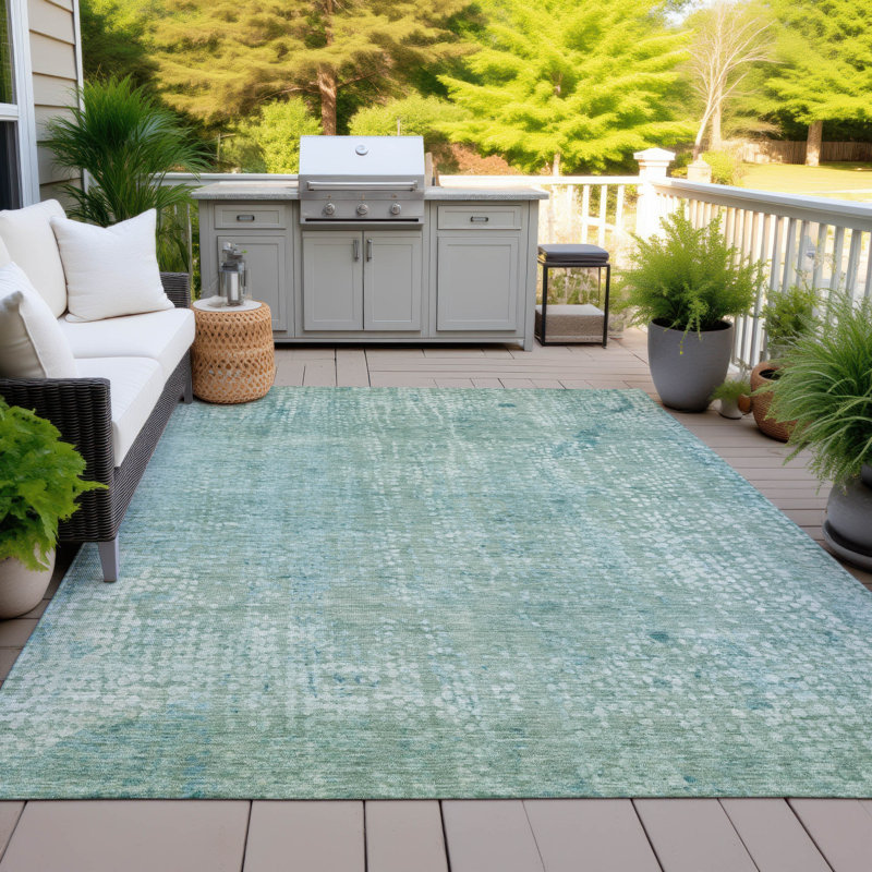 Tapis bleu sarcelle lavable à la machine intérieur / extérieur Xhevrie, Rectangulaire 8 pi x 10 pi